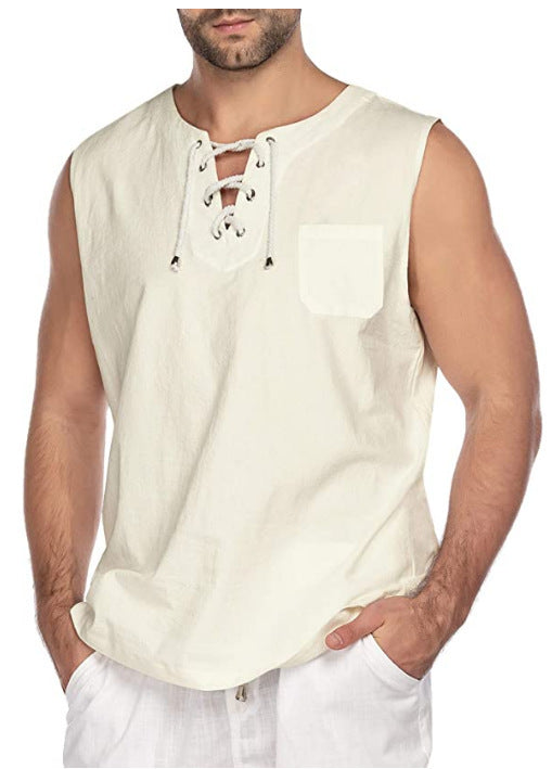 New Men's Sleeveless Shirt Lace-Up Cotton And Linen Short Sleeve T-Shirt